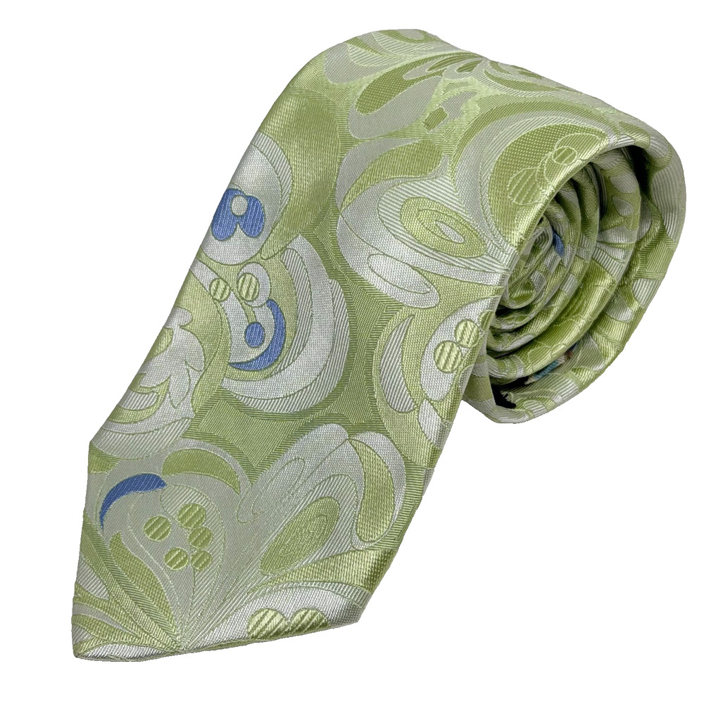 Ted Baker Neck Tie 58"x 2-7/8" Pale Green with Blue White Floral Swirl Silk EUC